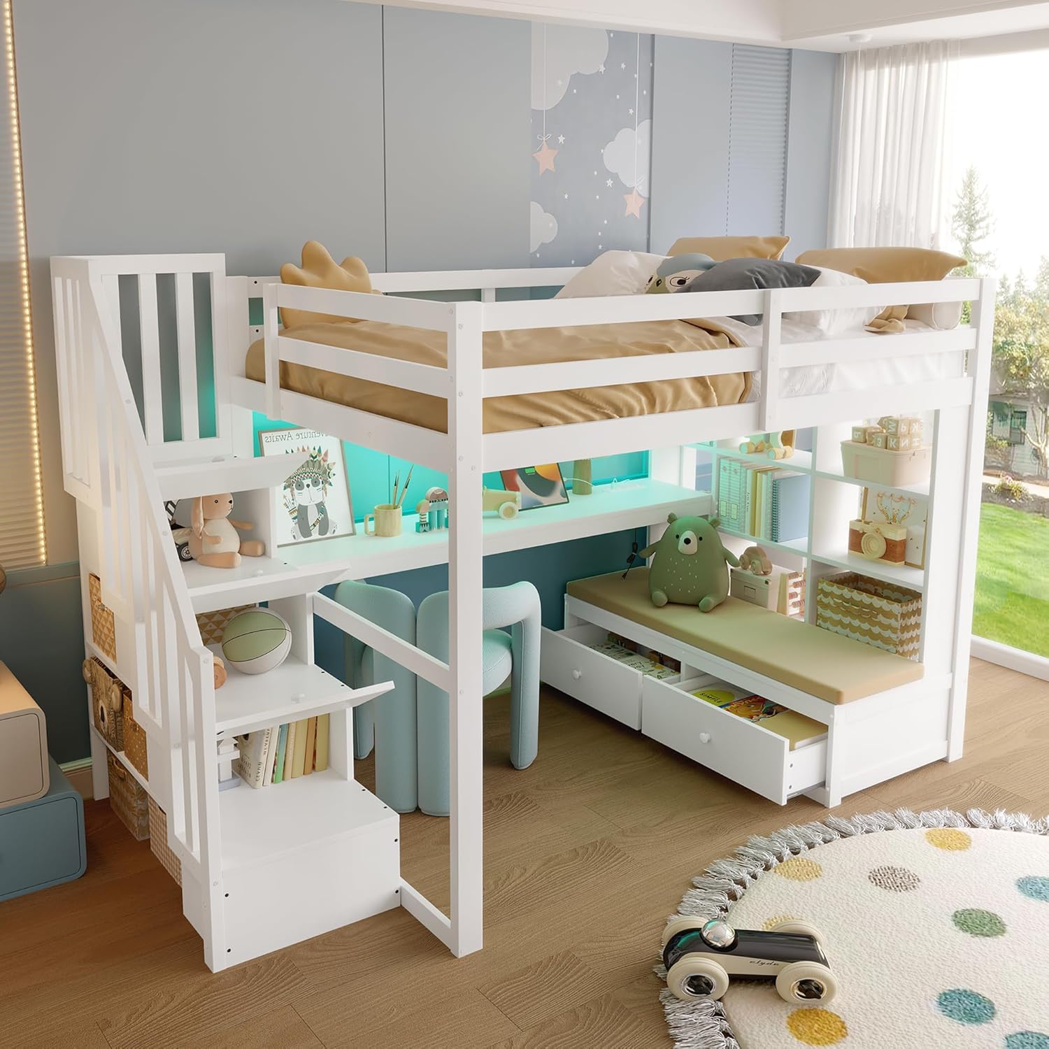 Etagenbett 140x200 mit LED & USB-Ladesteckdose, Kinderbett Hochbett mit Schreibtisch&Bücherregal&Stauraumtreppe&Schubladen, Kieferholz Funktionsbett Stockbett Spielbett Jugendbett, Ohne Matratze,Weiß