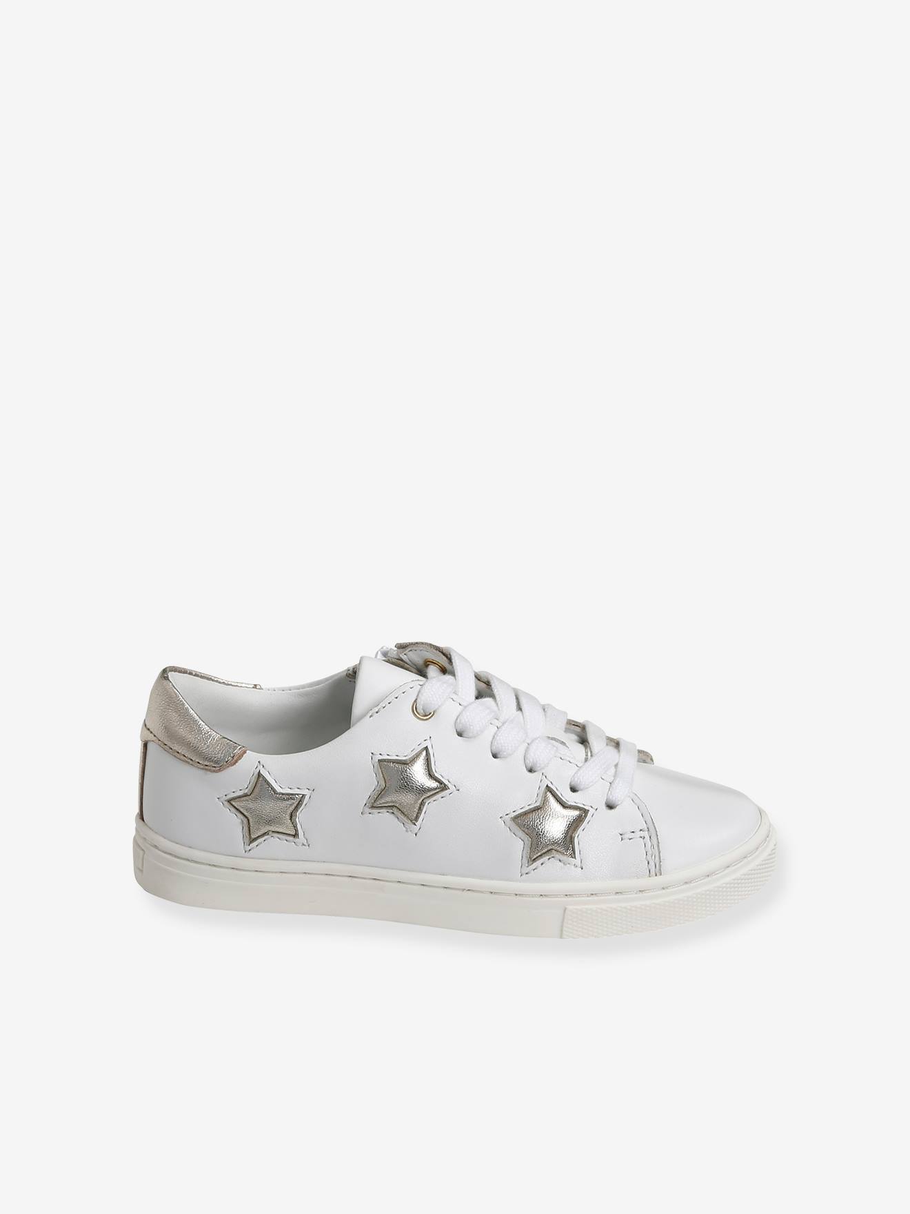 Tênis de couro com cadarço e zíper, para meninas, tamanho médio, branco liso com estampas.