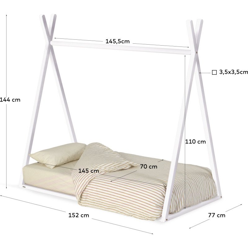 Lit tipi Maralis en bois de hêtre avec finition blanche pour matelas de 70 x 140 cm