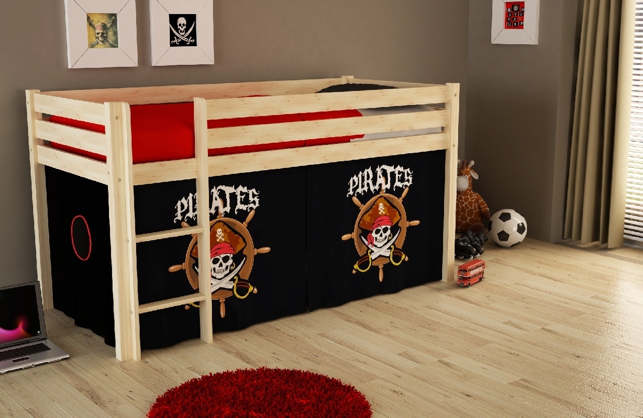 Halbhochbett PINO - Pirates - Kiefer Massivholz - mit Leiter und Textilset - 90x200 cm