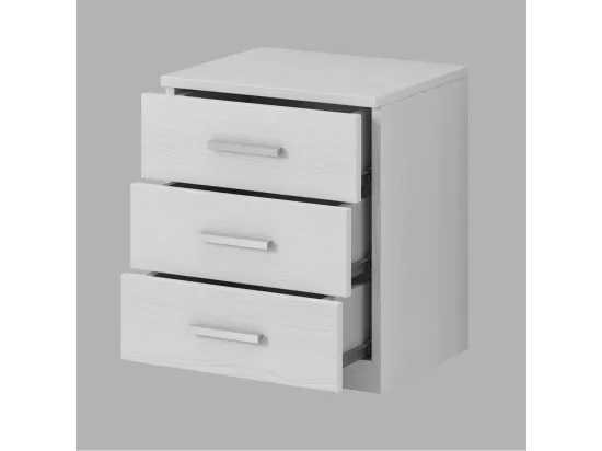 Chambre à coucher FLOYD : Armoire 200cm, Lit 180x200, commode, chevets. Coloris blanc effet bois.