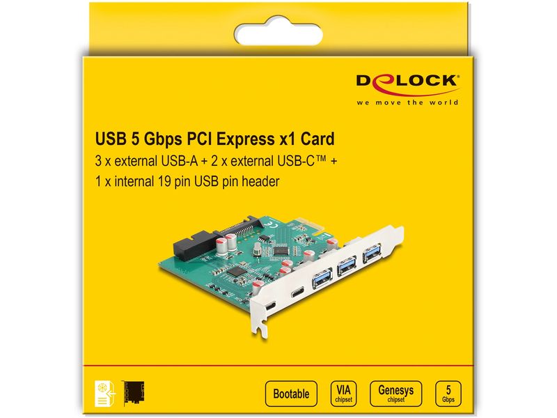 Delock PCI-Express-Karte 3x USB-A 3.0 / 2x USB-C 3.0 PCIe-Schnittstellenkarte mit drei USB 3.0 A und zwei USB 3.0 C-Buchsen