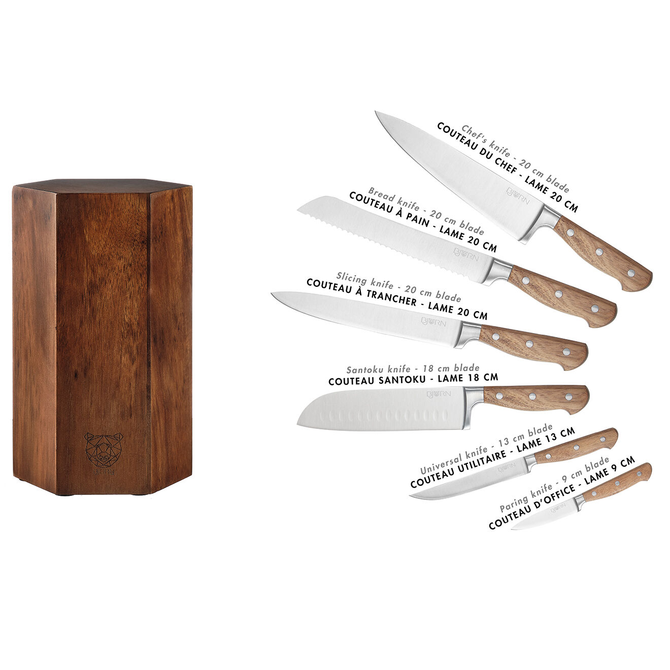 Bjorn Bloc avec couteaux de cuisine Jakob Imatra bois mat - 7 pièces