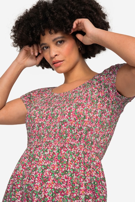 Jersey-Maxikleid, Alloverdruck, gesmokte Büste, Halbarm