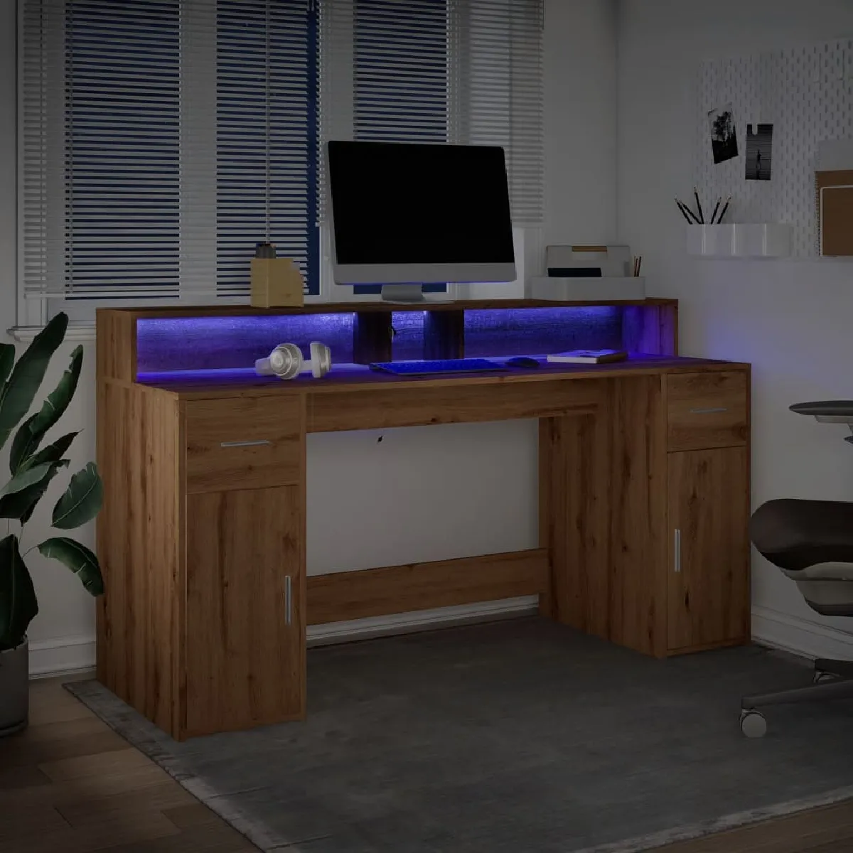 vidaXL Bureau avec LED chêne artisanal