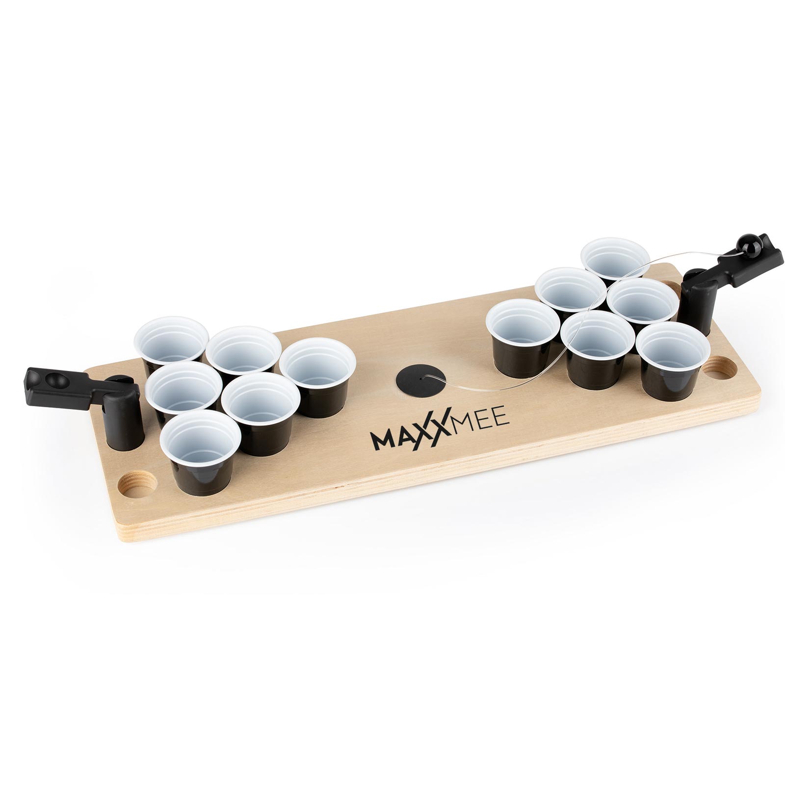 MAXXMEE Tischspiel Bier Pong - holzfarben-schwarz - Holzbrett - Ball mit Seil - 24 Trinkbecher