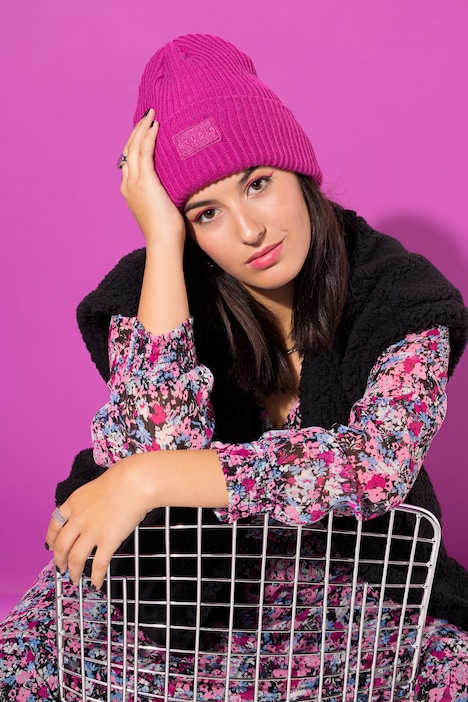 Beanie, Mütze, Rippstrick, Patch, Unisex