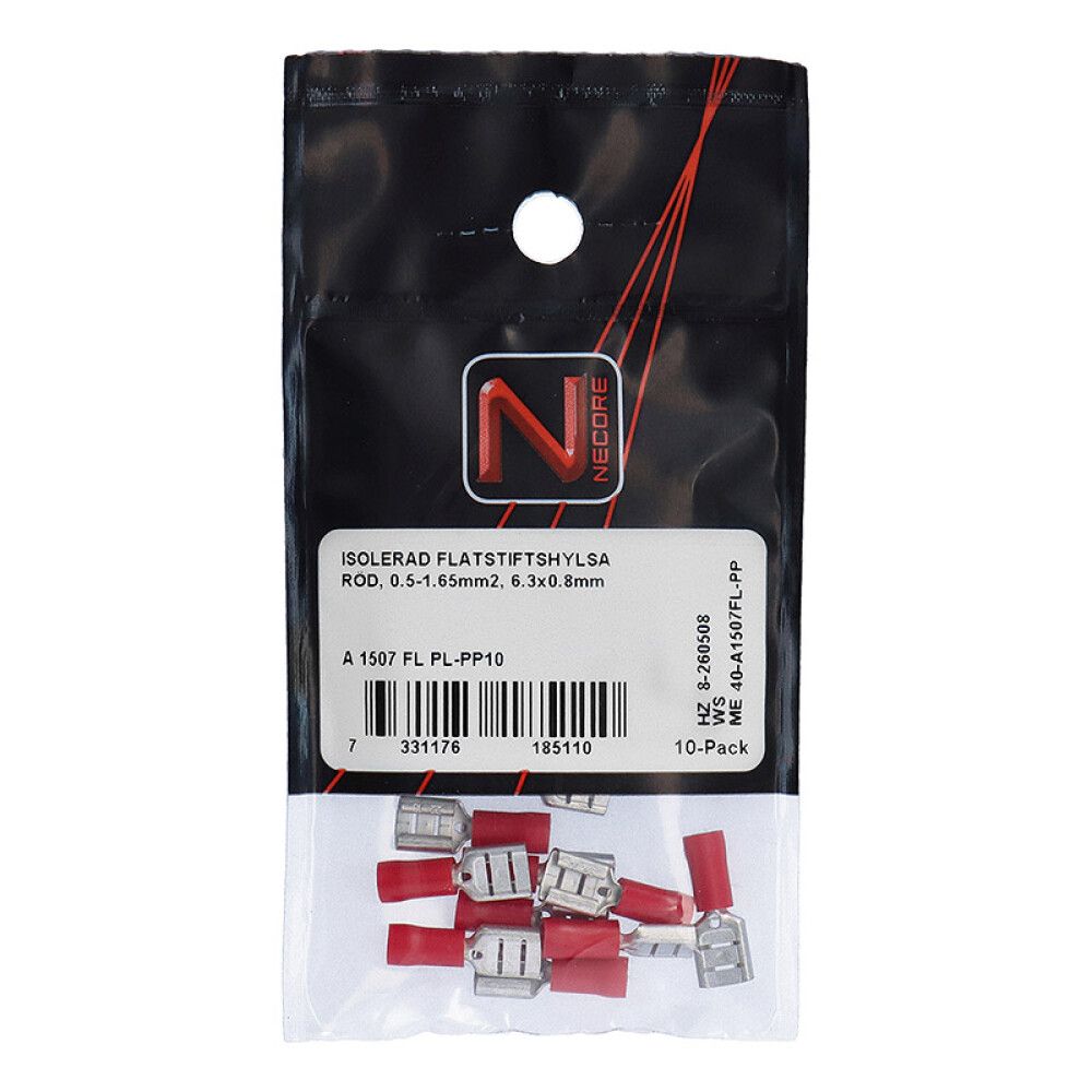 FLATSTIFTSHYLSE NECORE ISOLERT 6,3X0,8MM RØD 10-PAKK