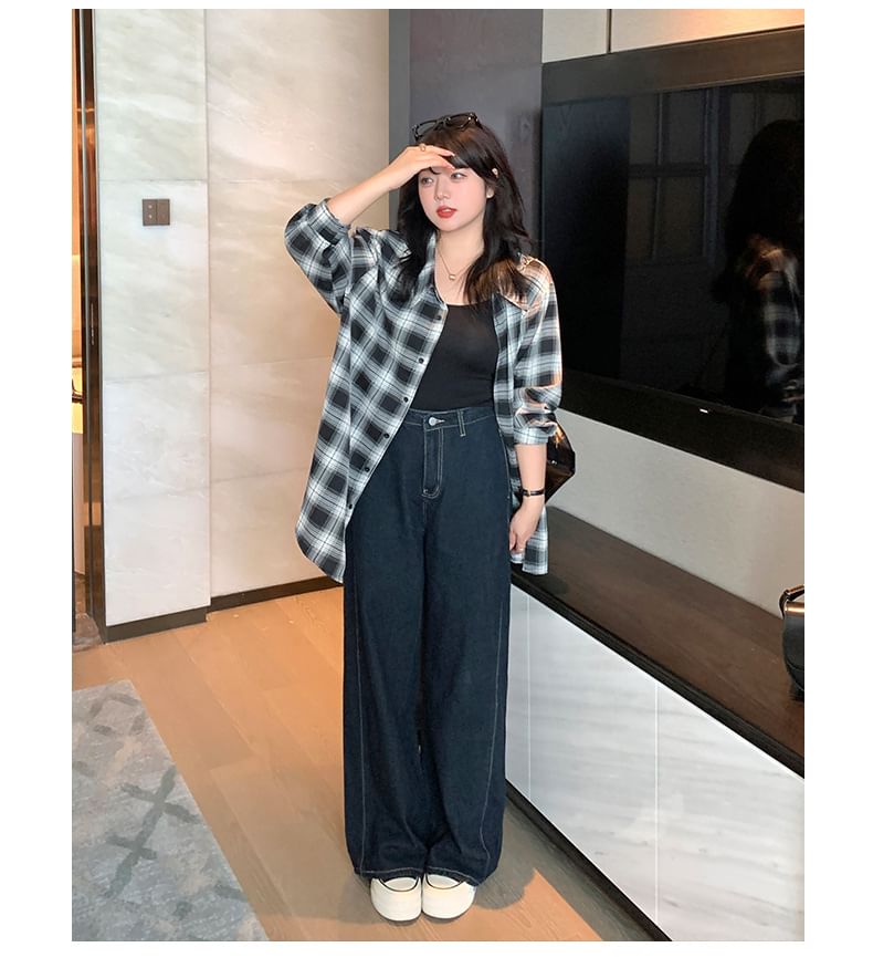 Tripoly - Plus Size High Rise Washed Wide Leg Jeans
