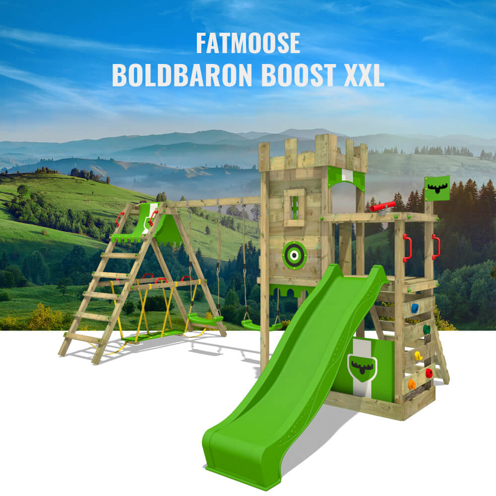 Fatmoose BoldBaron speeltoren klimtoestel met surfuitbreiding, dubbele schommel en glijbaan – appelgroen