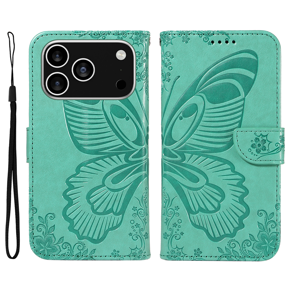 iPhone 17 Pro Leder Tasche Flip Cover Schmetterlinge Imprint - Türkis