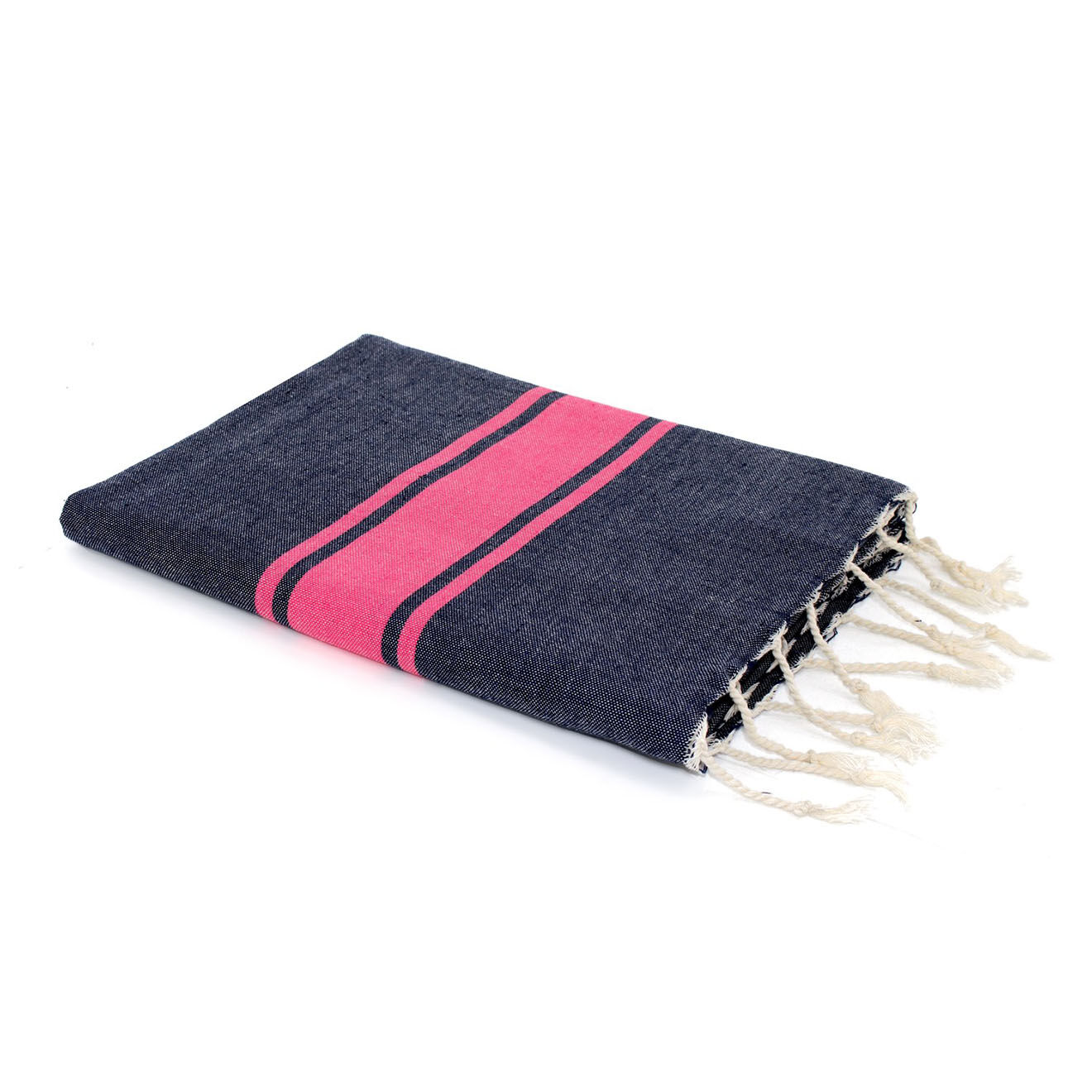 Febronie Fouta Traditionelle St Tropez bleu jean/rose fuschia - 100x200 cm