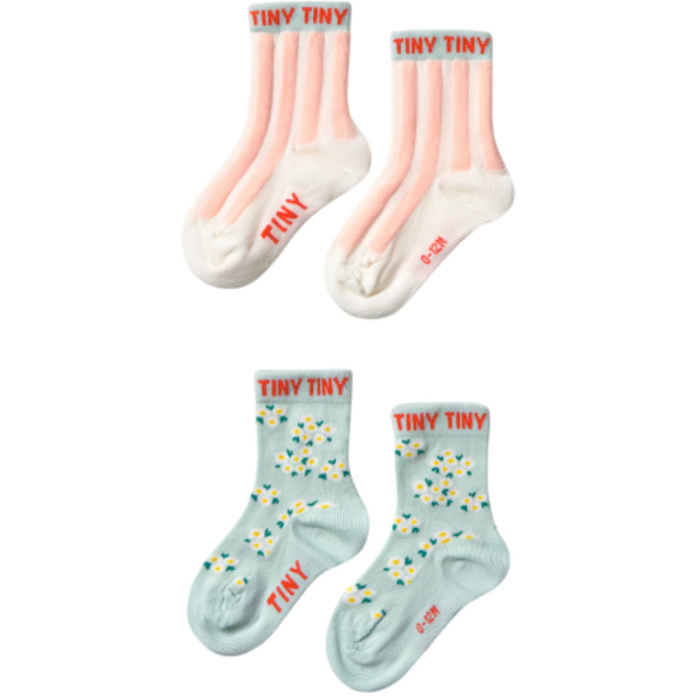 Køb TinyCottons Pale Mint/off White Pink Stripes & Blossom Medium Strømper