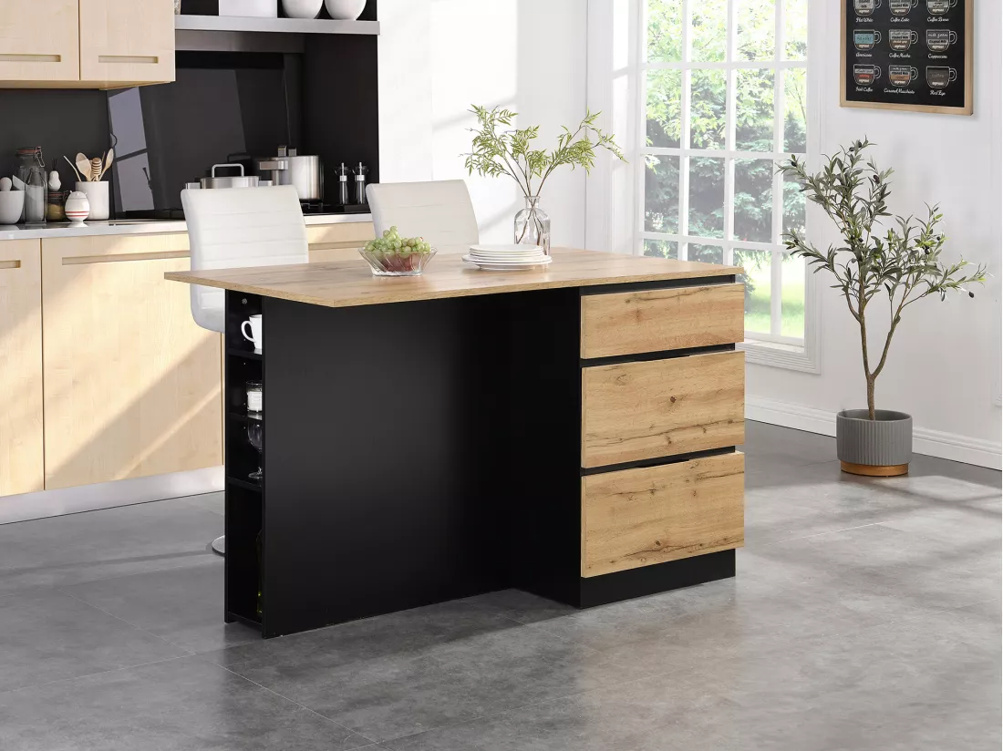 Ilot central de cuisine avec 6 tiroirs et 4 niches en MDF - Naturel clair et Noir - POMARELA