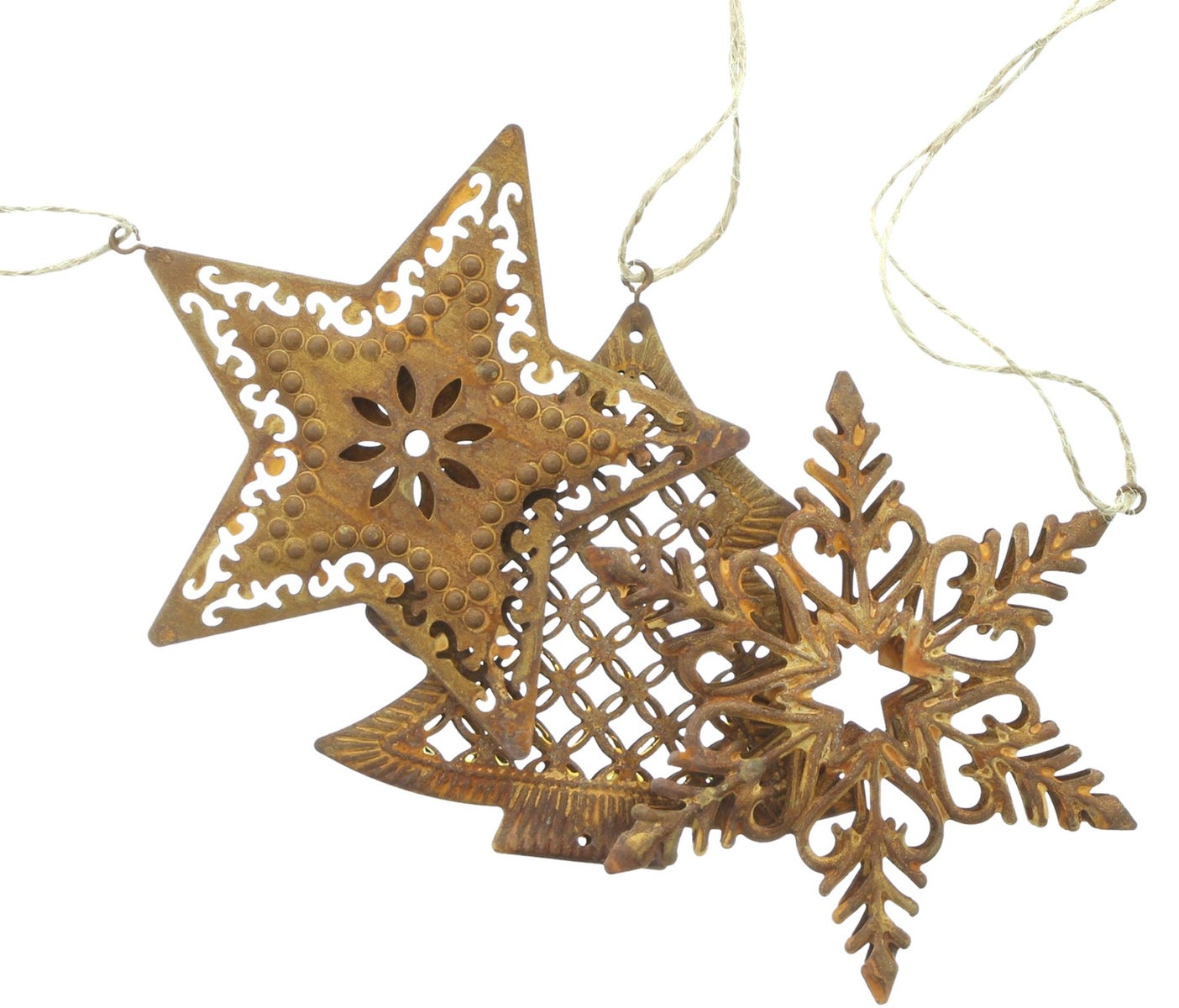 FRANK FLECHTWAREN | Kerstversiering, roestkleurige afwerking, set van 3, 10,5 x 0,5 x 9 cm, metaal, jute