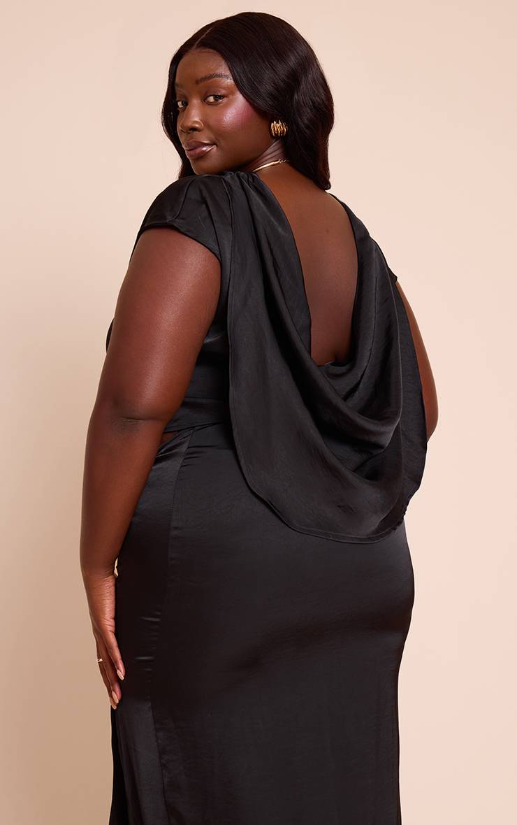 Noir Ensemble Coordonné Grande Taille Top Satiné Dos Drapé