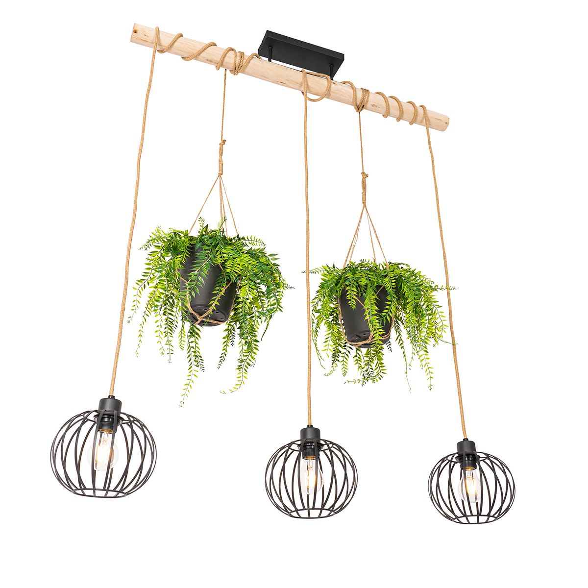 Landelijke hanglamp zwart met hout 3-lichts - Yura