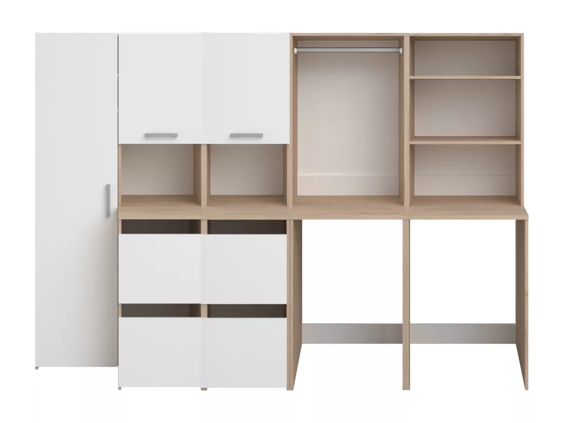 Meuble pour 2 machines à laver avec étagères, penderie, placard et colonne - Naturel clair et blanc - L269 x H184 cm - ERKANO