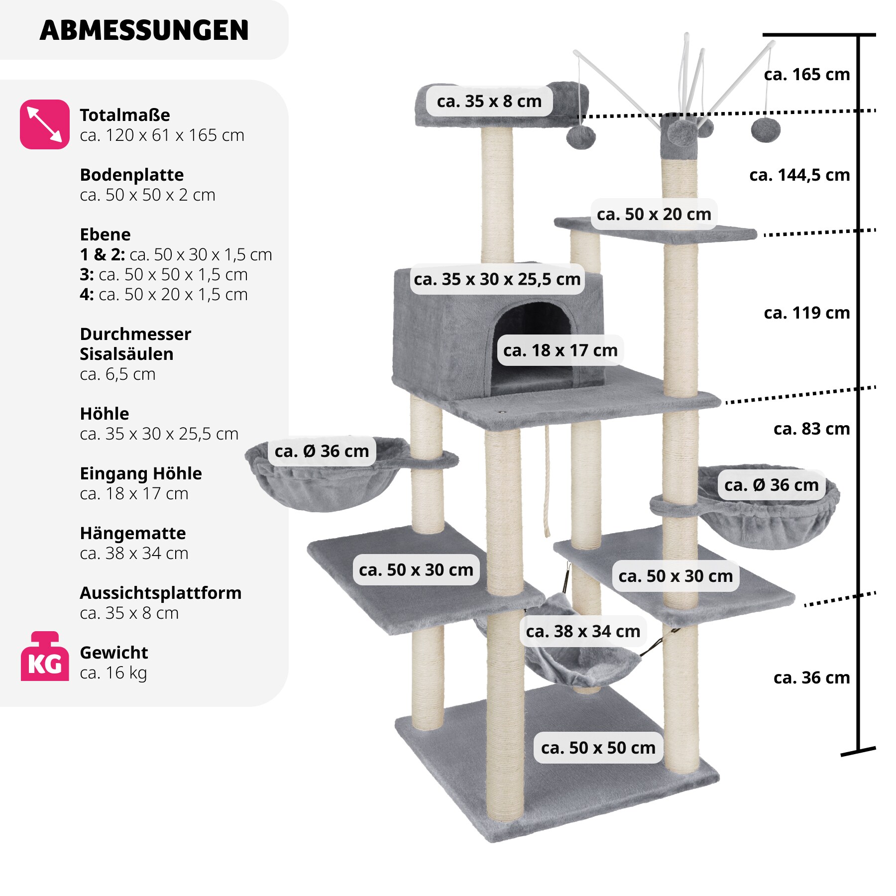 tectake® Kratzbaum, 165 cm, mit Katzenhaus, inklusive 4 Spielbällen, Kordel und Kippschutz