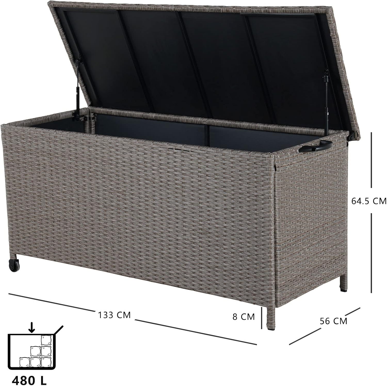 Grand patio Rattan Auflagenbox 480 Liter Gartenbox mit Deckel und Gasdruckfedern, UV-beständig Aufbewahrungskiste mit Zwei Radern, Leicht Bewegen, Kissenbox für Garten, Balkon