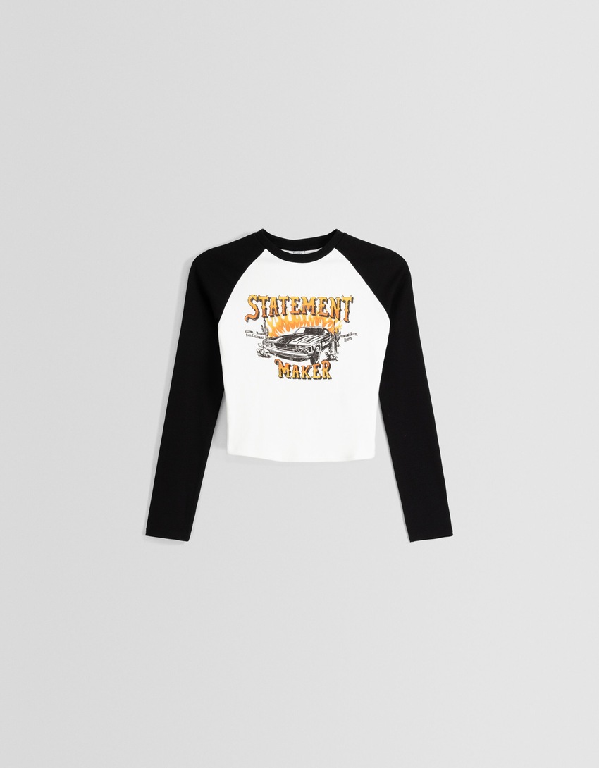 Camiseta longa raglan estampada