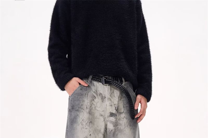 AXEN - Mid Rise Print Washed Wide Leg Jeans