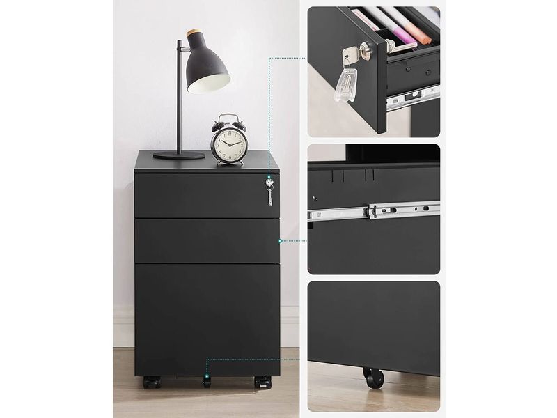 Songmics Rollcontainer, 39.0 x 52.0 x 60.0 cm, Schwarz Rollcontainer mit 3 Schubladen für Dokumente