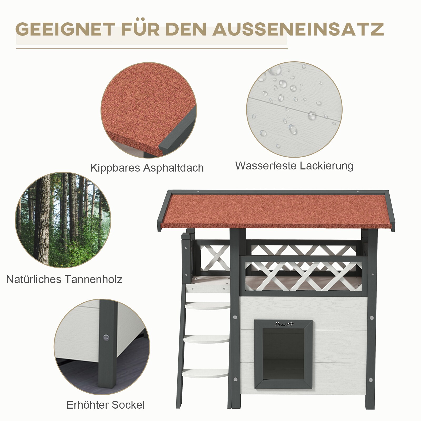 PawHut Katzenhaus mit Treppe und Dach natur 77L x 50B x 73H cm