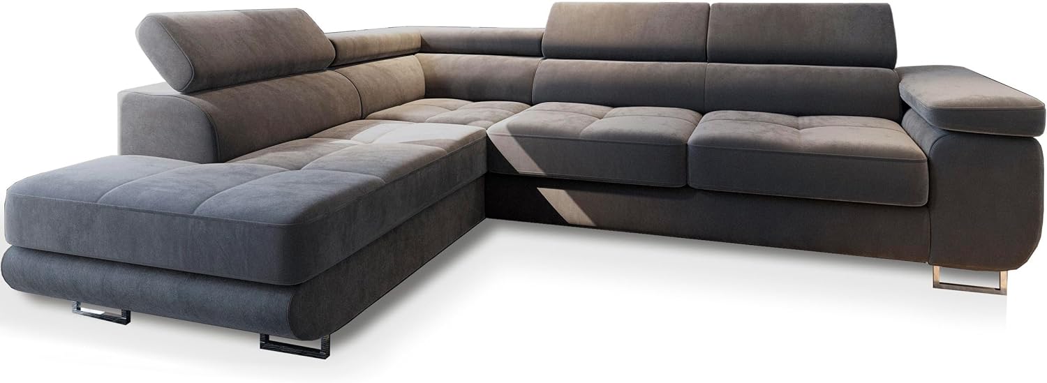 Masseno Ecksofa Selva L-S mit Schlaffunktion L-Form, Glamour Sofa mit Bettkasten, Wohnzimmersofa, Couch, Soffa, Bettsofa, Couchgarnitur - Grau, Monolith 85