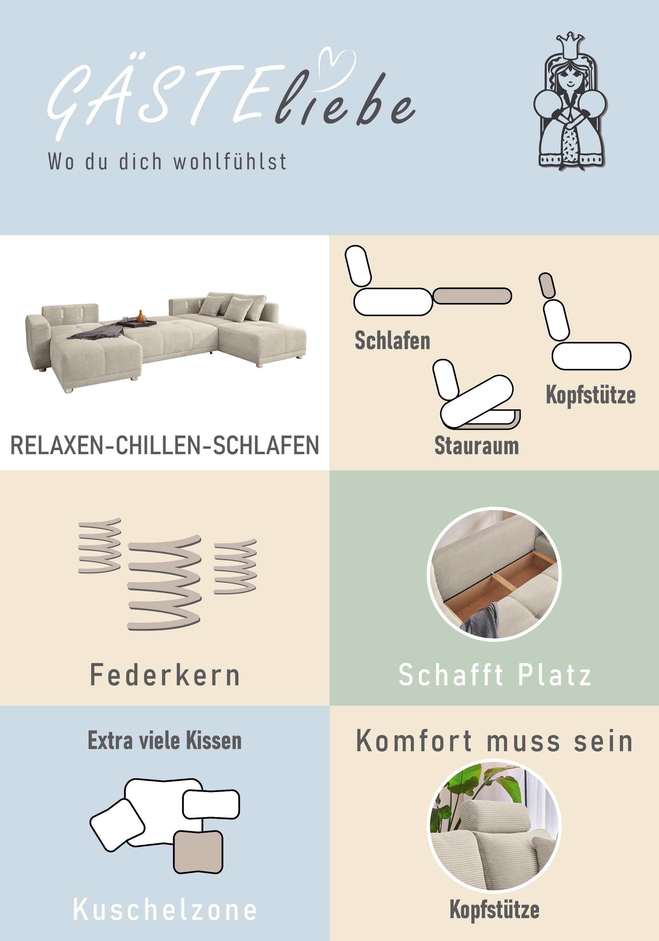 Jockenhöfer Gruppe Wohnlandschaft »Orlando U-Form, B: 337 cm« mit Bettfunktion, Bettkasten, 2 Kopfstützen & 2 Zierkissen, Federkern