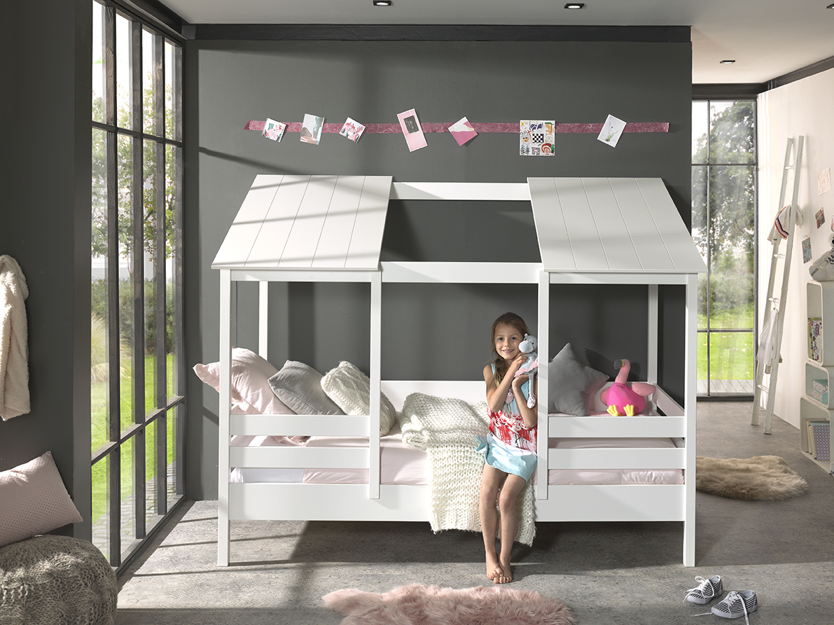 Hausbett - weiß - teilmassiv - offenes Dach - 90x200 cm