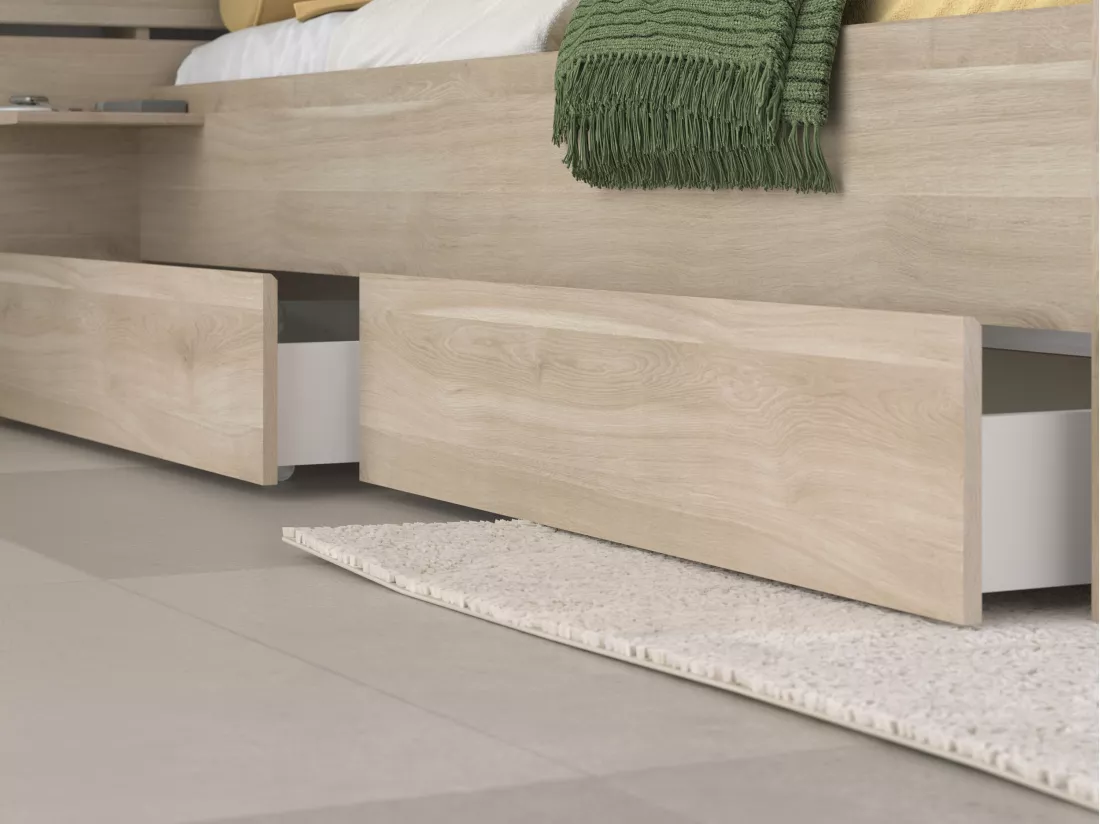 Lit 180 x 200 cm avec rangements - Coloris : Naturel + Sommier + Matelas - TENALIA