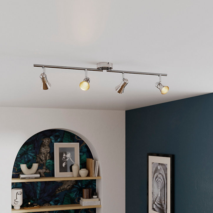 Réglette spot 4 lumières GU10 10W GoodHome Aphroditus nickel L.80 x L.9 x H.16 cm