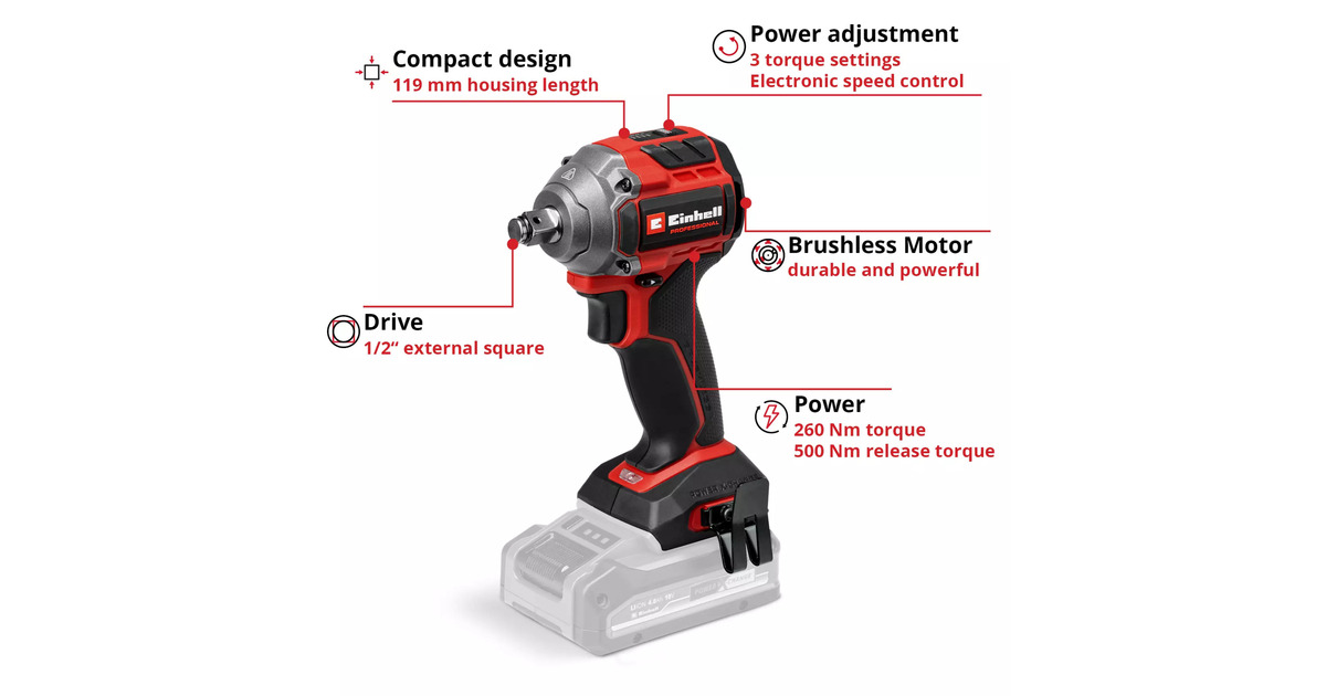 EINHELLProfessional Accu Slagmoersleutel TP-CW 18/260-C Li BL-Solo  (Rood/zwart, Power X-Change, Accu en oplader niet inbegrepen)