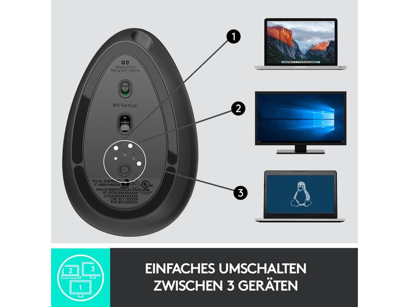 Logitech Ergonomische Maus MX Vertical Kabellose Maus mit ergonomischer, vertikaler Handpositionierung