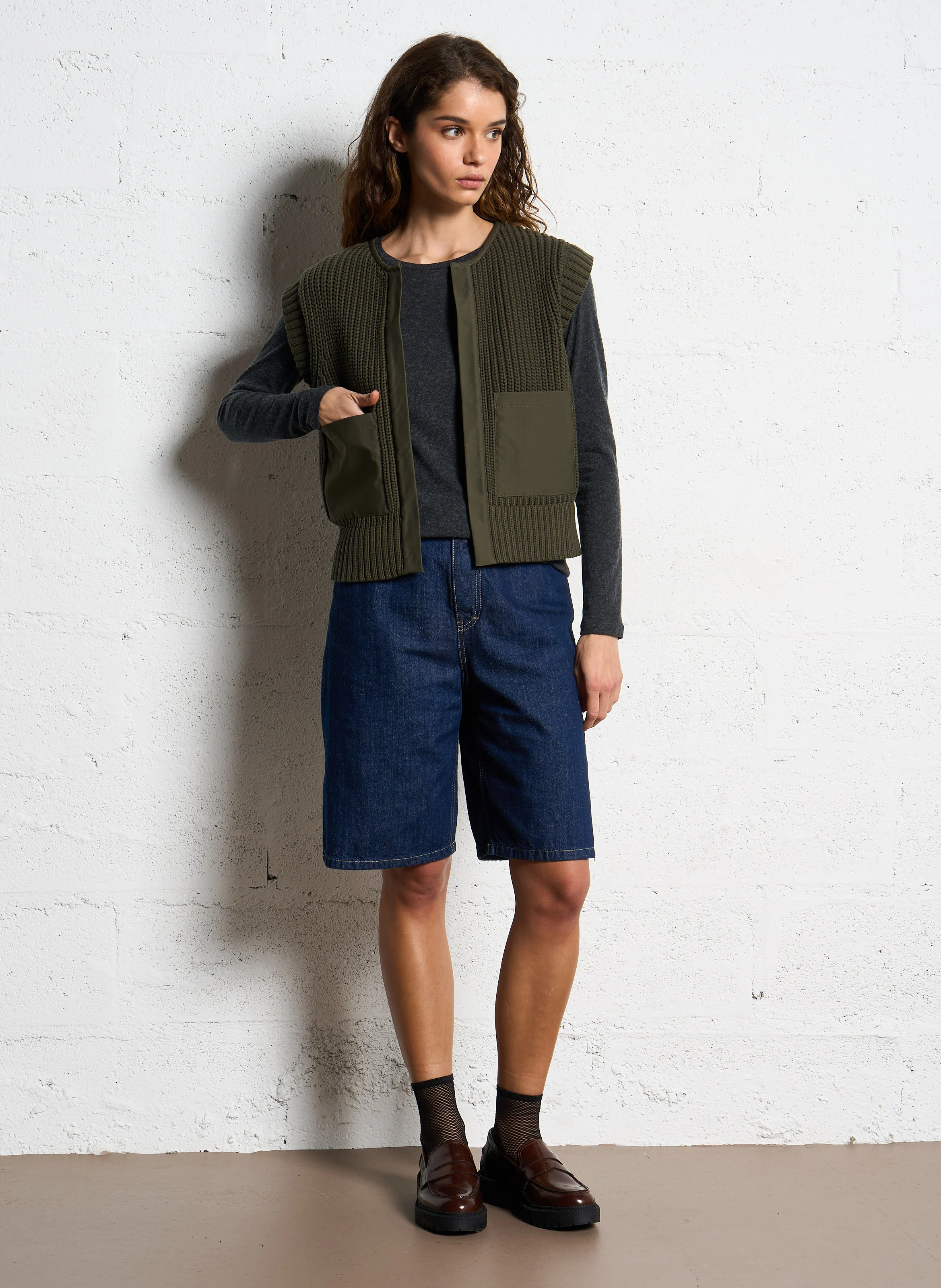LAURENA - Gilet col rond en coton melangé | Vert