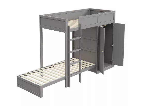 Lit superposé pour enfants 90*200 cm, avec marches de sécurité verticales, armoire, design high fence, gris
