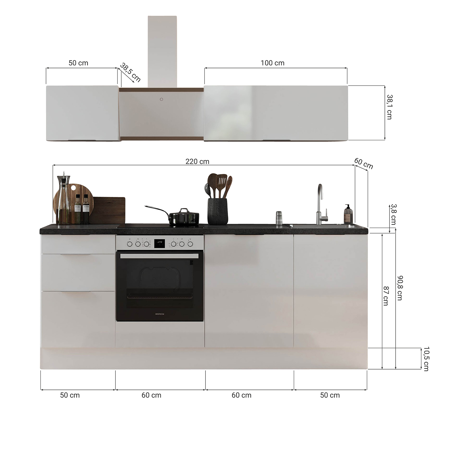 RESPEKTA Küchenblock - Artisan Eiche - weiß matt - mit E-Geräten - 220 cm