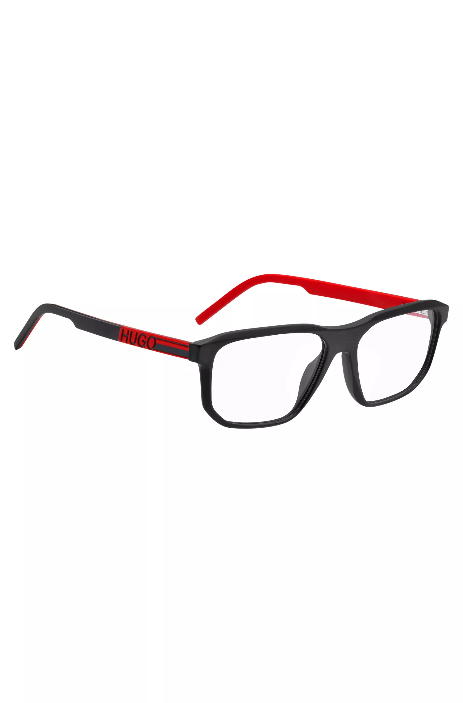 Armação de óculos HUGO em acetato vermelho e preto com logotipo emborrachado.