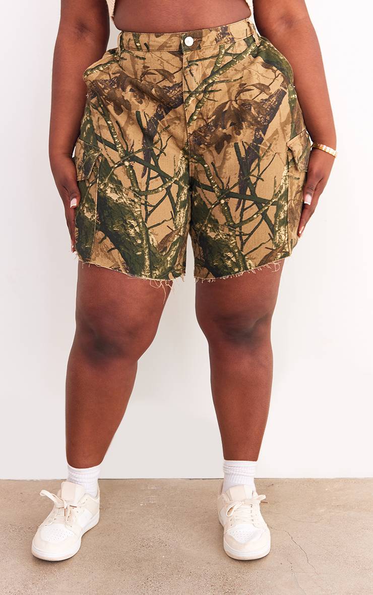 Kaki Short Cargo En Denim Camouflage Grande Taille