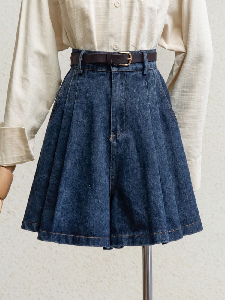 Rusutsu - Mini A-lijn denim shorts met hoge taille en plooien