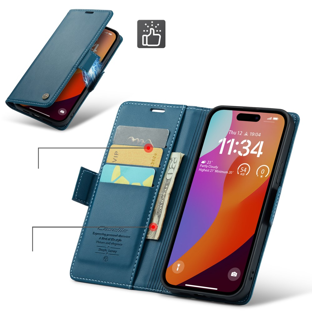 iPhone 16 Pro Leder Tasche Flip Wallet Etui mit Kartenfächern Litchi Look (RFID Schutz) - Blaugrün