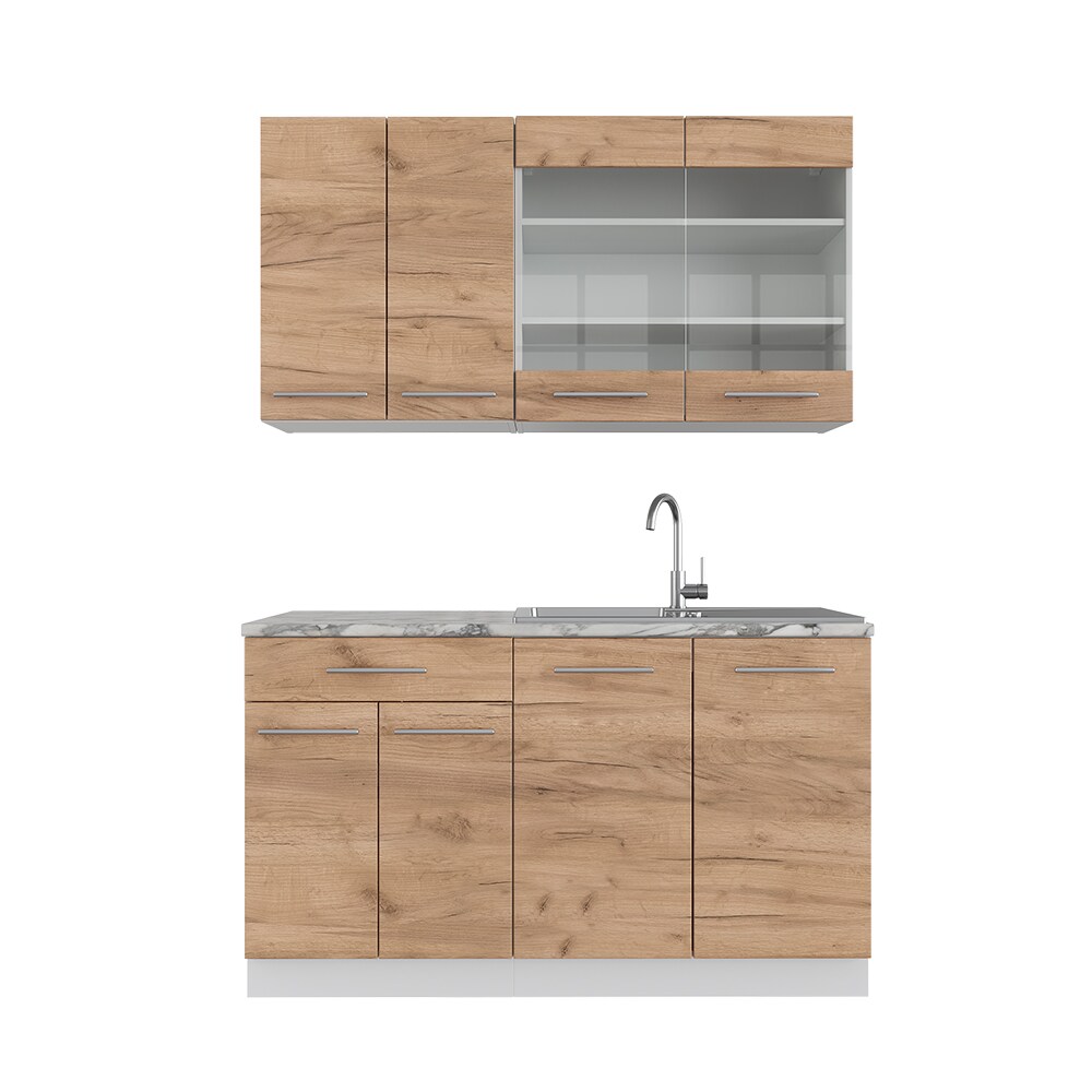 Vicco Küchenzeile Küchenblock Einbauküche Fame-Line Single Weiß Eiche 140 cm modern Küchen Schränke Spülenunterschrank Schubunterschrank Hängeschrank Hängeglasschrank