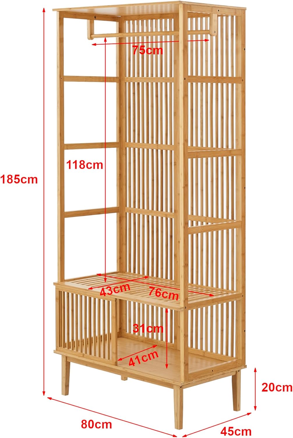 [en.casa] Garderobenset Trundholm + Vemb 185 x 240 x 45 cm aus Bambus 1 x Standregal mit 5 Ablagefächern und 2 x Garderobenständer für Flur Schlafzimmer Wohnzimmer