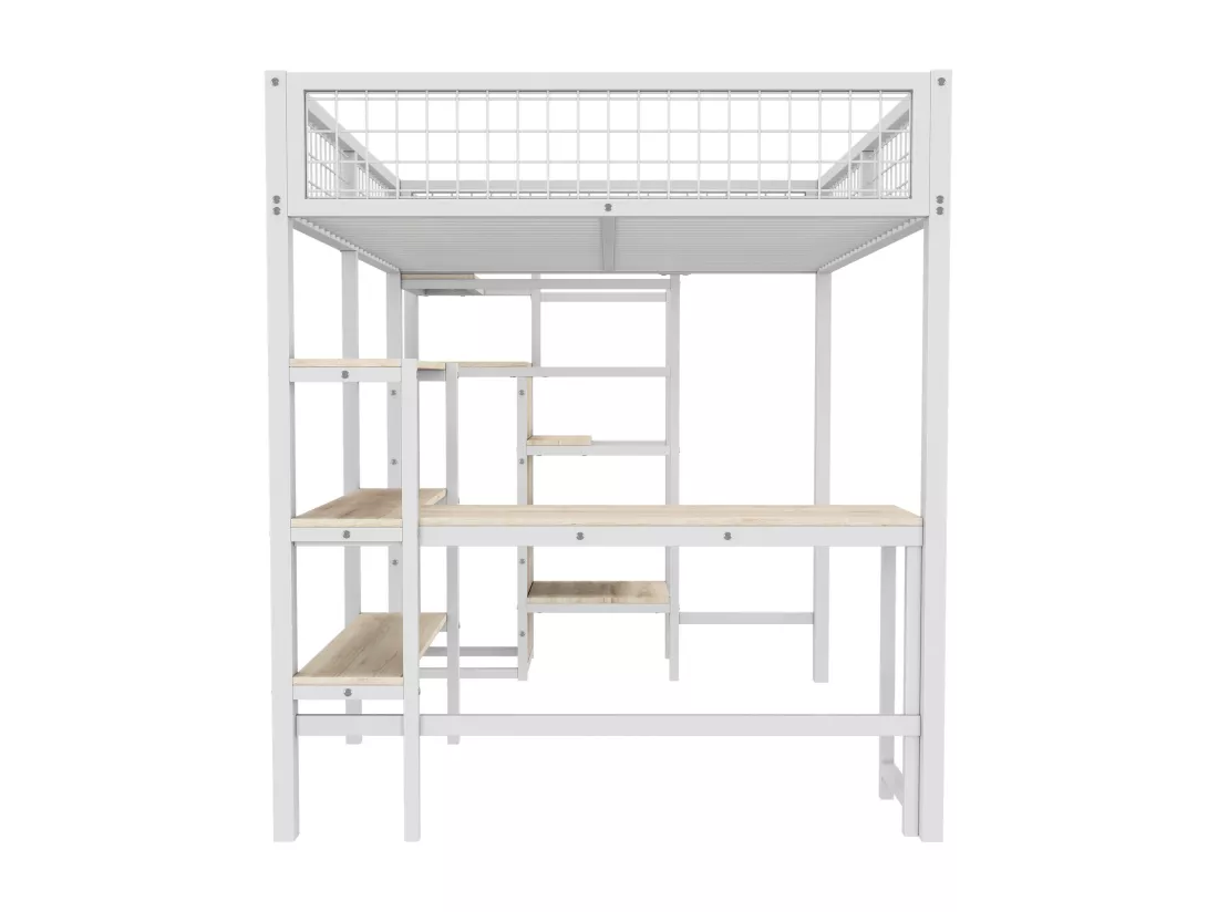 Lit mezzanine 140 x 200 cm avec bureau en L, armoire et étagères - Métal + MDF - Sommier à lattes - Blanc (sans matelas)