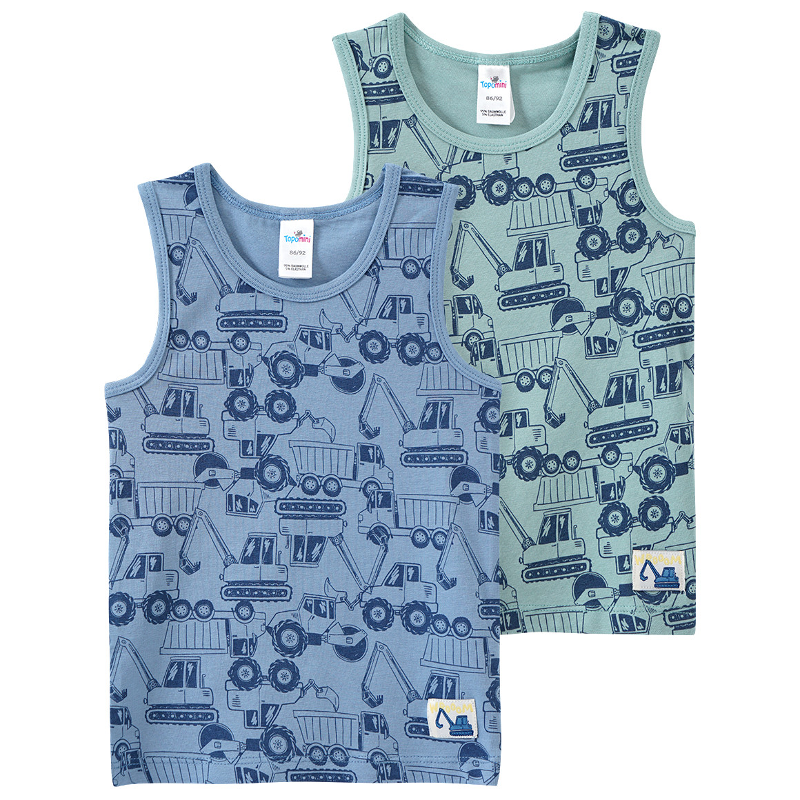 Topomini 2 Baby Unterhemden mit Fahrzeug-Motiven salbei / hellblau / dunkelblau