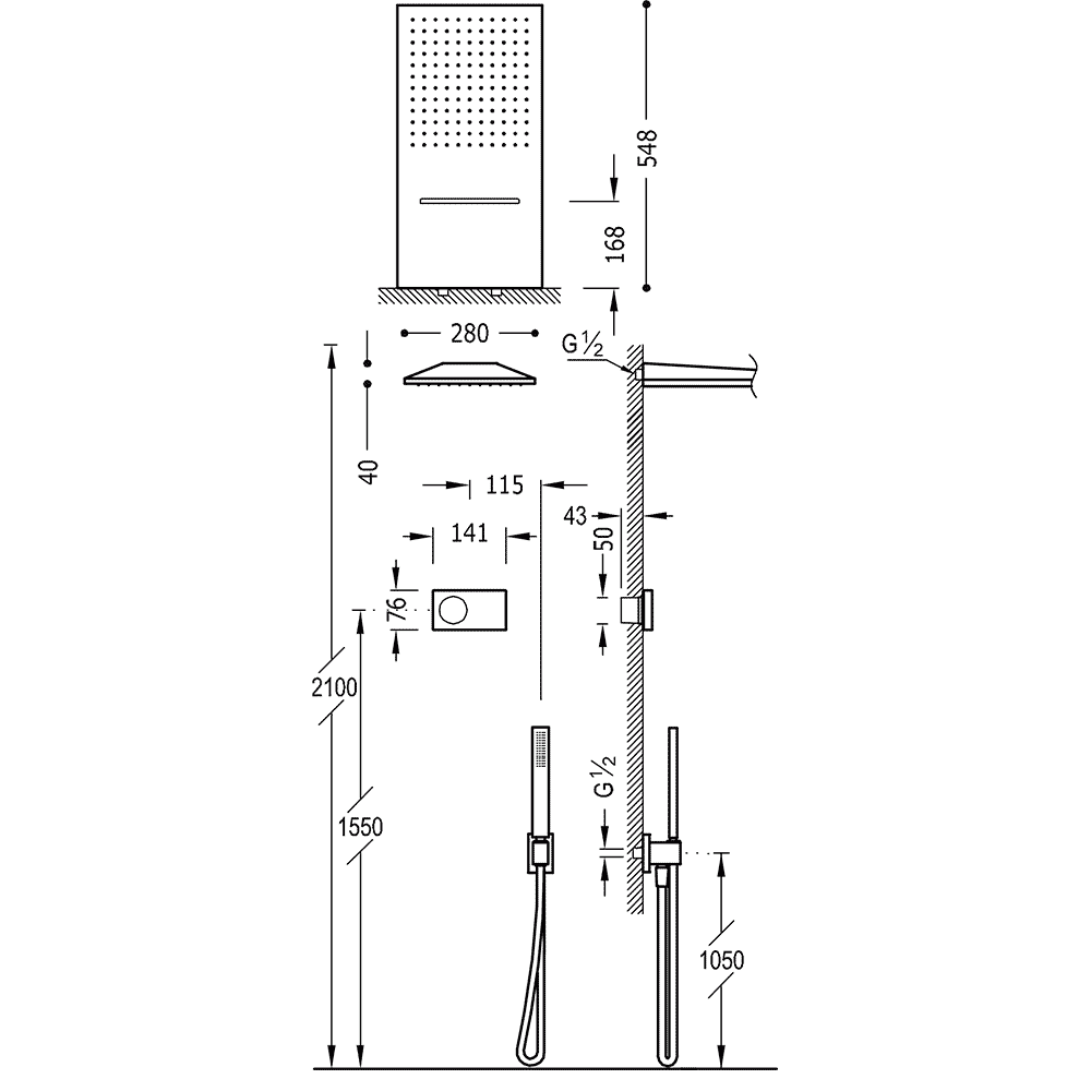 Tres Shower Technology elektronische inbouwthermostaat met regendouche 28x55cm en handdouche mat zwart