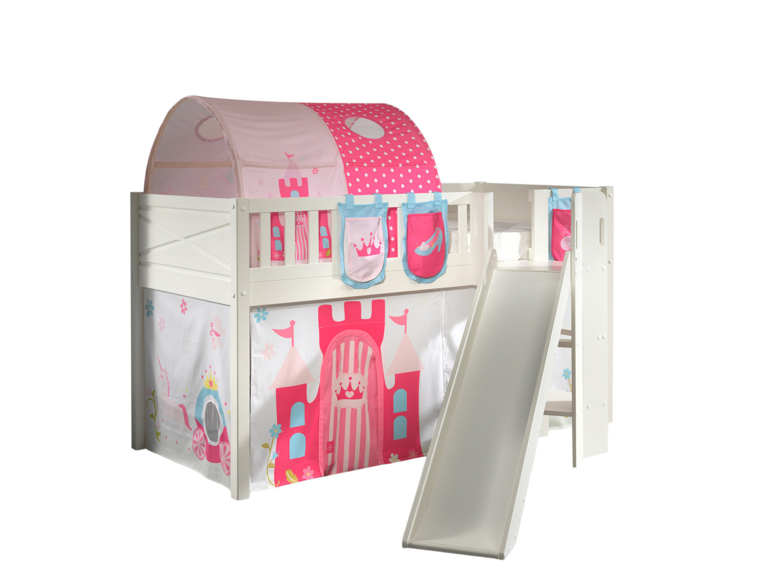 Spielbett SCOTT - weiß - Princess - mit Rutsche - Vorhang, Leiter, Tunnel und Taschen - 90x200 cm