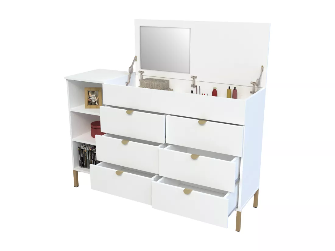 Commode 6 tiroirs, 3 niches et 1 coffre - Avec miroir - Blanc et doré - ONISHA