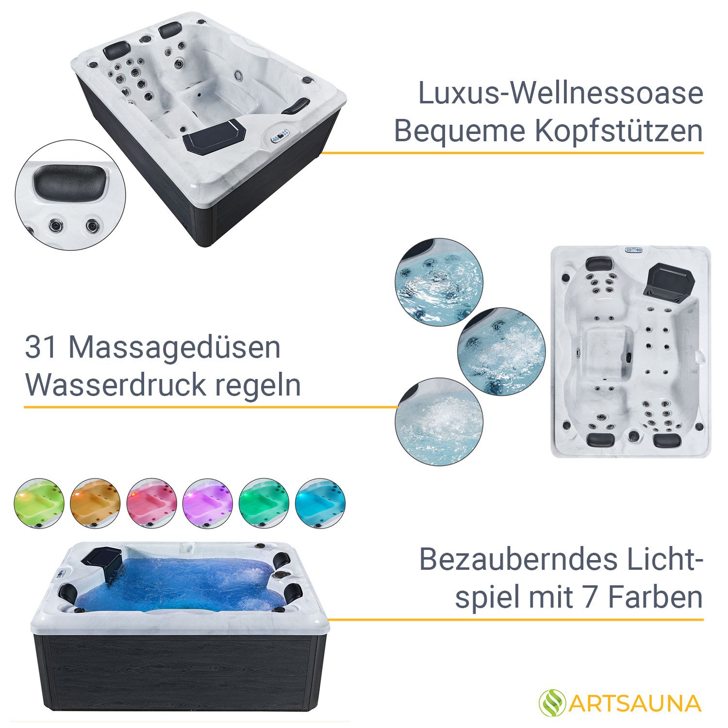 Artsauna Outdoor Whirlpool Oasis mit Treppe - Massagedüsen, LED Licht, Filter, Abdeckung & Heizung